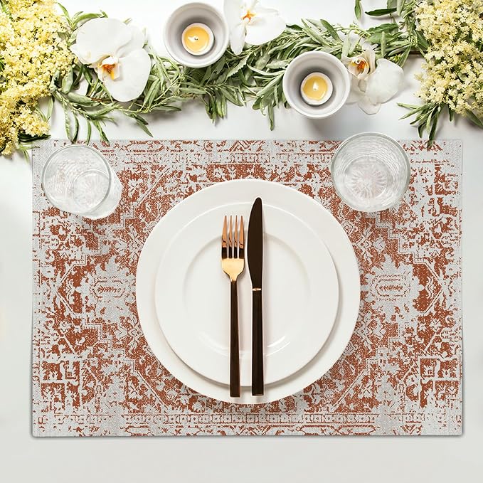 Gray Burnt Orange Boho Placemats Set of 6 Ethnic Bohemian Carpet Place Mats Washable Kitchen Dining Vintage Grey Geography Floral Linen Table Mats Stain Heat-Resistant for Home Party Indoor 12x18 in