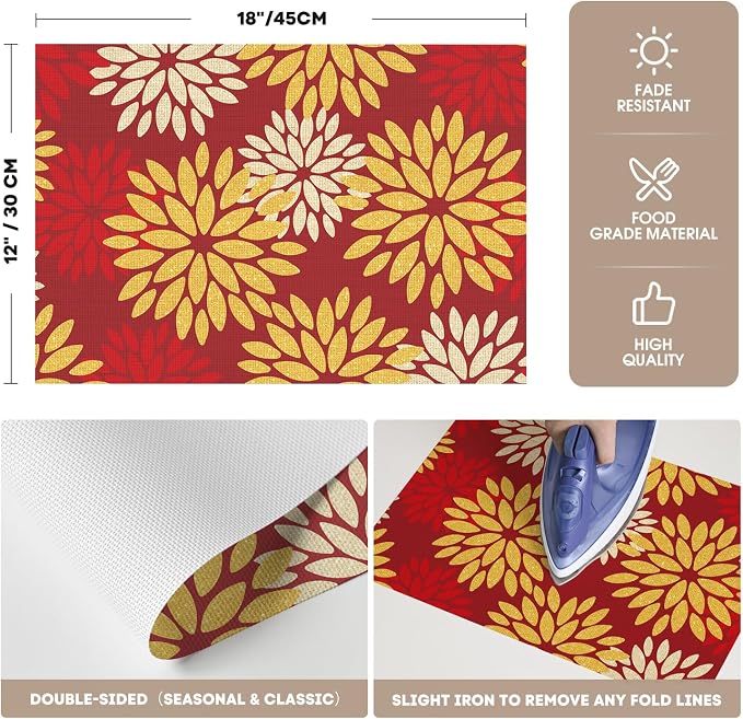 Artoid Mode Floral Vinyl Placemats Set of 4, 12x18 Inch New Year Washable Non-Slip Plastic Vinyl Place Mats for Party Kitchen Dining Decor, Red