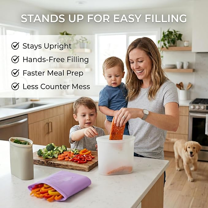 Reusable Thick Silicone Storage Bags (Set of 3) – S, M, L; 100% Food-grade Silicone; Freezer, Microwave & Dishwasher Safe; Wide Opening & Stands Upright; BPA-Free; Thick and Durable; Multiple Uses