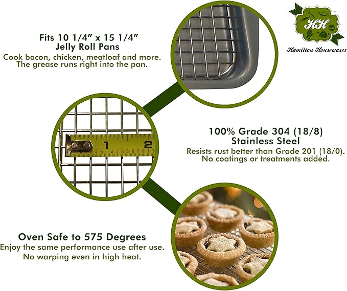 Stainless Steel Cooling Rack - Heavy Duty and Oven Safe, Good for Cooling, Baking and Roasting - Fits 15 1/4" X 10 1/4" Baking Pans - Perfect for Cookies, Cakes & More (10" x 15")