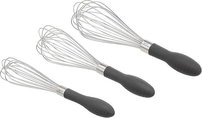Amazon Basics Stainless Steel Wire Whisk Set for Cooking, Different Sizes, Easy to Hold Ergonomic Handle, 3 Piece, Black/Silver
