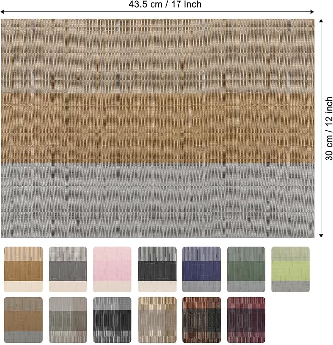 Placemats Set of 6, Vinyl Woven Place Mats Indoor Set of 6 Washable Wipeable PVC Table Mats Heat-Resistant Non Slip Placemat for Kitchen Dining Outdoor Table (Gray Light Brown, Set of 6)