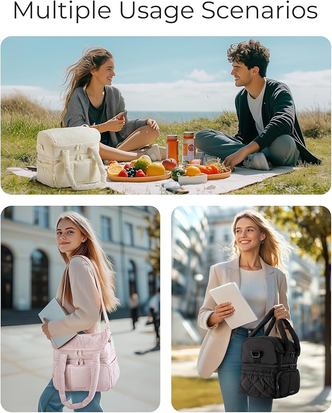 BAGSMART Lunch Bag Women, Double Deck Insulated Lunch Box, Quilted Puffer Lunch Tote, Leakproof, Durable & Reusable Large Lunch Cooler For Work Picnic Travel Meal Prep, Brown Checkerboard