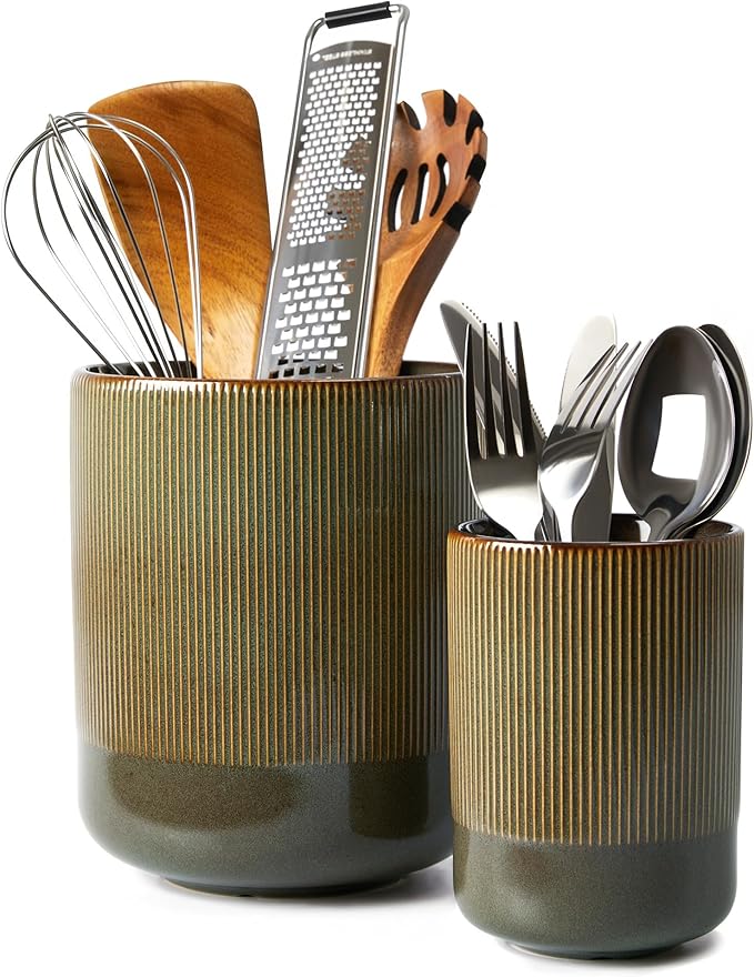 Pokini Utensil Holder, 7.3"+5.3" Ceramic Kitchen Utensil Holder for Countertop, Large Cooking Utensil Organizer, Modern Utensil Crocks Spatula Holder for Farmhouse Kitchen Counter Decor, Brown Green