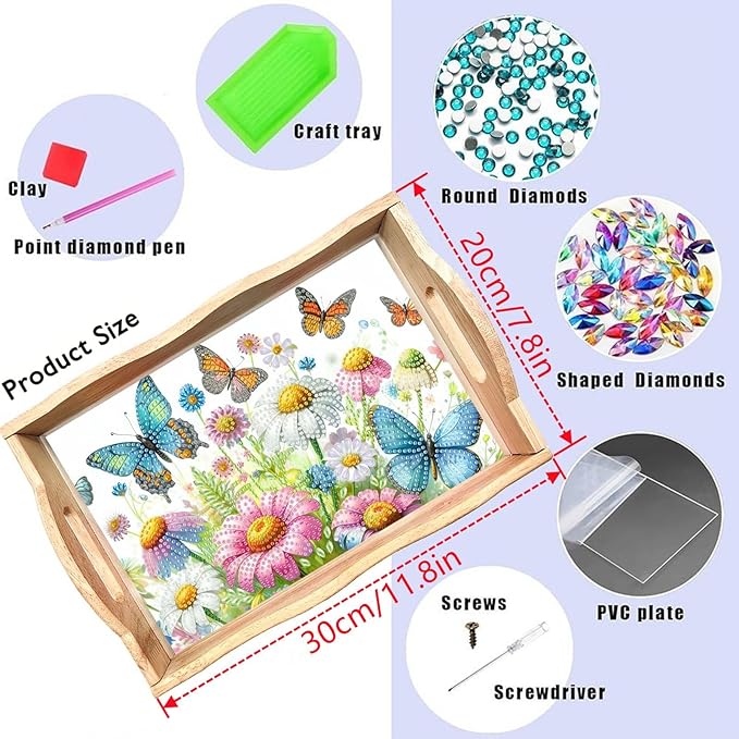 DIY Diamond Serving Tray Diamond Art Painting Creative Design Handmade Wooden Tray Dinner Plate for Coffee Breakfast Home Organizer-Flowers Butterfly