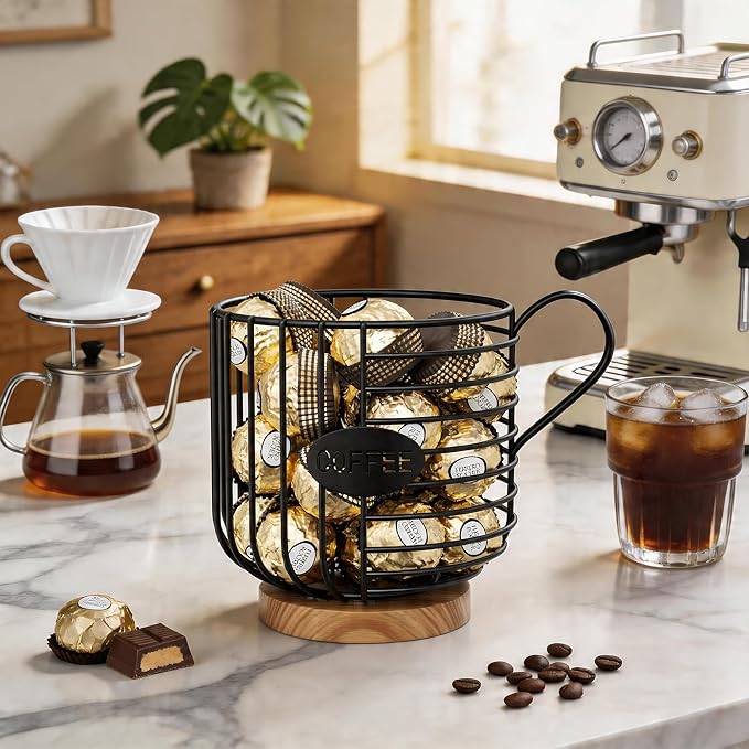 Coffee Pod Holder, 45+ Large Capacity Wire K Cup Storage Organizer with Solid Wood Base, Anti-Slip Coffee Capsule Holder for Kitchen Bar Counter, Compatible with K-Cups/Nespresso Espresso Capsules