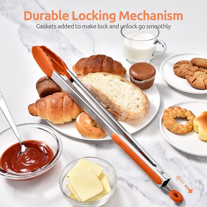 600ºF Heat Resistant Kitchen Tongs: U-Taste 16 inch Extra Long Large Silicone Cooking Tong with Sturdy Non Stick Rubber Tips & Non Slip Silicon Coated 18/8 Stainless Steel Handle for Grill BBQ(Orange)