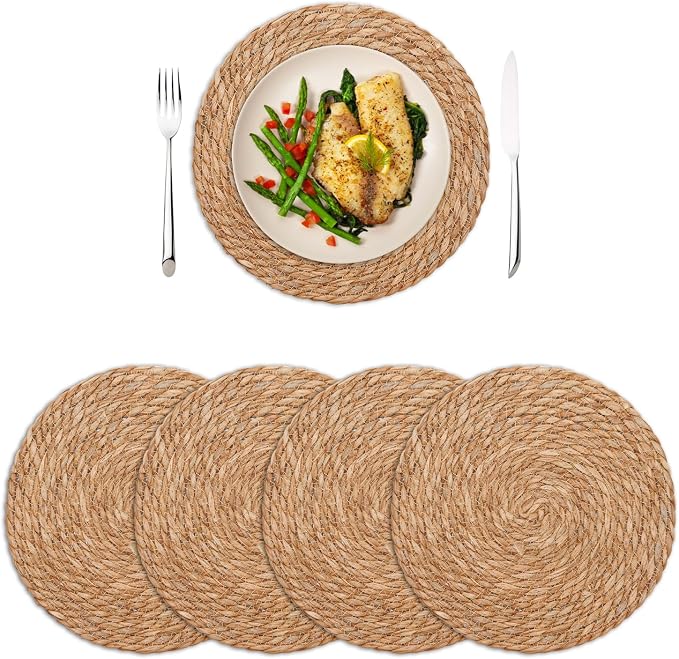 Round Woven Placemats Set of 4, 13 Inch Boho Farmhouse Rattan Placemats Rustic Braided Wicker Table Place Mats Chargers for Dinner Plates
