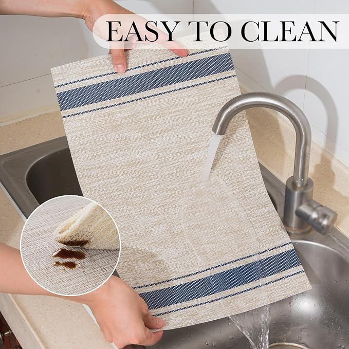 BACKTOEDEN Placemats Set of 8 Heat Resistant Washable Wipeable Placemat Woven Non-Slip Foldable Vinyl/Plastic Place Mats Indoor/Outdoor Mat Kitchen Dining Table Pad, Blue Skyline
