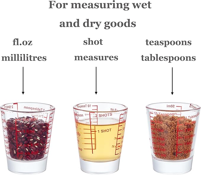 Ackers Mini Measure Heavy Glass, 32-Incremental Measurements Multi-Purpose Liquid and Dry Measuring Shot Glass, Red Single