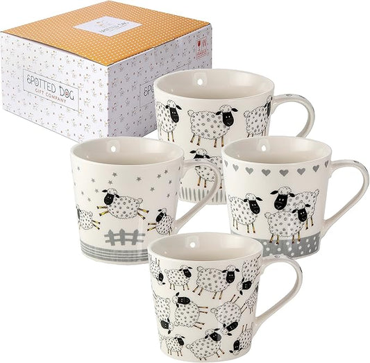 SPOTTED DOG GIFT COMPANY Animal Mugs, 13 oz Coffee Mug Set of 4, Ceramic Tea Cups with Black & White Sheep Designs, Microwave & Dishwasher Safe, Sheep Gifts for Women & Men