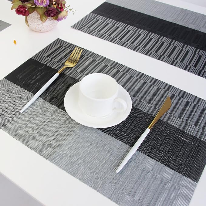 Placemats for Dining Table Set of 4 Plastic Washable Table Mats Easy to Clean PVC Placemat (Black)