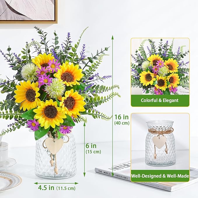 MARTINE MALL Fake Flowers in Vase, Sunflowers Artificial Flowers, Faux Flowers in Vase Centerpiece Table Decorations Silk Sunflower Bouquet Table Centerpieces for Dining Room Coffee Table Decor