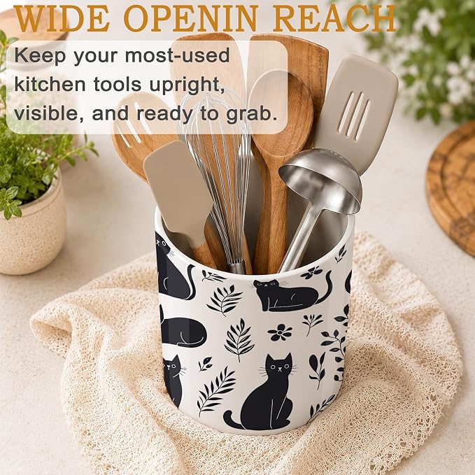 Funny Black Cat Utensil Holder for Countertop,Flowers Plants Ceramic Utensil Crock Organizer for Home Kitchen Spoons,Spatulas and Cooking Tools