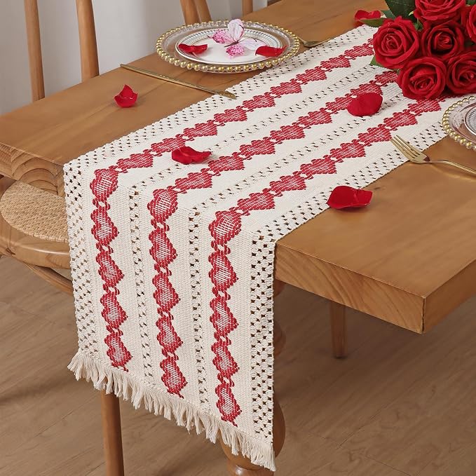Macrame Table Runner Beige and Red Heart Table Runners with Tassels Hand Woven Cotton Table Runner Rustic Farmhouse Table Runners for Valentine's Day Bohemian Kitchen Dining Table(12x71in)