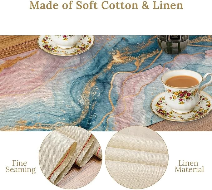 Marble Table Runner, Modern Luxury Foil Texture Pink Blue Gold Marble Printed Linen Table Runners for Kitchen Living Room Farmhouse Dining Room Party Home Decor 13" W x 60" L