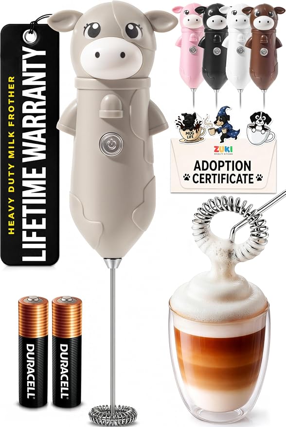 Zulay Kitchen Cow Milk Frother Wand – Cutesy Frother, Meet Your New Frothing Buddy Misty The Cow, Adoption Papers and Stickers Included, Purrr-fect for Lattes, Cappuccino & Matcha – Gray