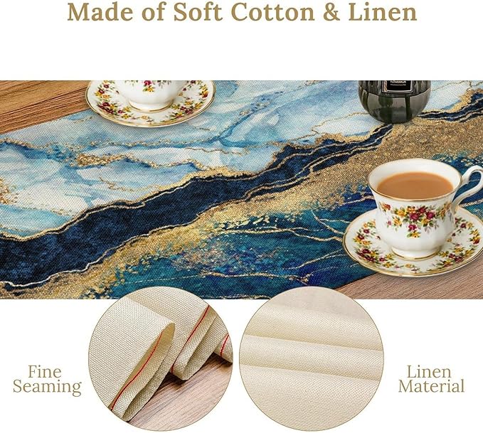 Marble Table Runner, Abstract Blue and Gold Foil Modern Luxury Texture Printed Linen Table Runners for Living Room Kitchen Dining Room Party Holiday Home Decor 13" W x 108" L