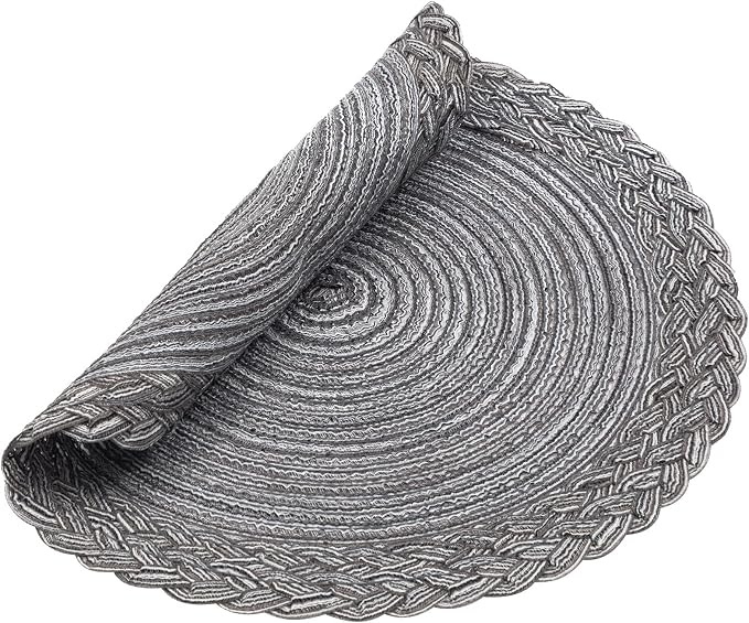 SHACOS Round Placemats Set of 6 Woven Round Table Mats 15 inch Braided Border Washable Cotton Polyester Circle Place Mats, Gray (Pack of 2)