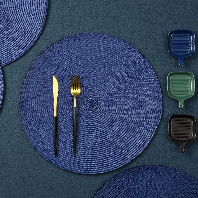 AHHFSMEI Round Placemats Set of 8 Heat Resistant Washable Non-Slip Woven Braided Table Mats for Dining Table Kitchen & Home Decor (Navy Blue,8)