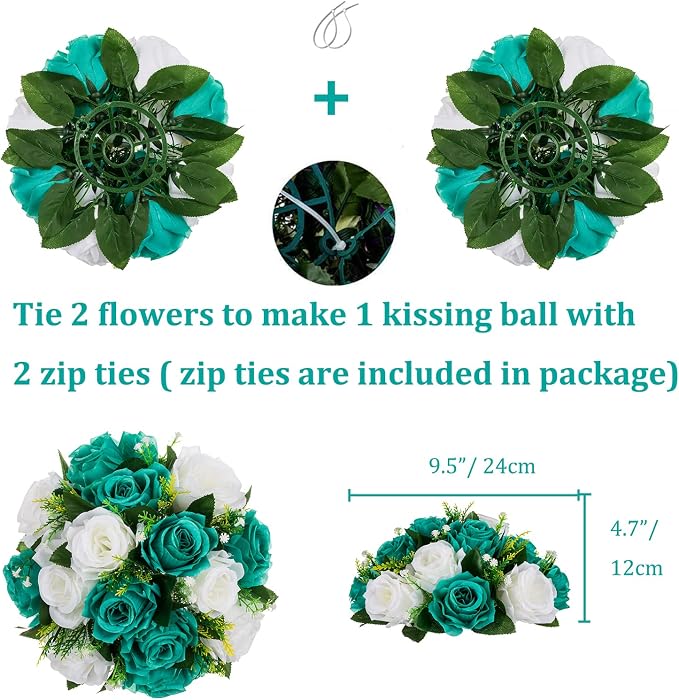 BLOSMON Flower Ball Centerpieces for Wedding: 10 Pcs Teal White Fake Roses Flowers Artificial for Table - Silk Kissing Bouquet Floral Arrangement Center for Home Party Event Decor | Artificial Floral Arrangement for Table - Faux Silk Kissing Bouquet wi...