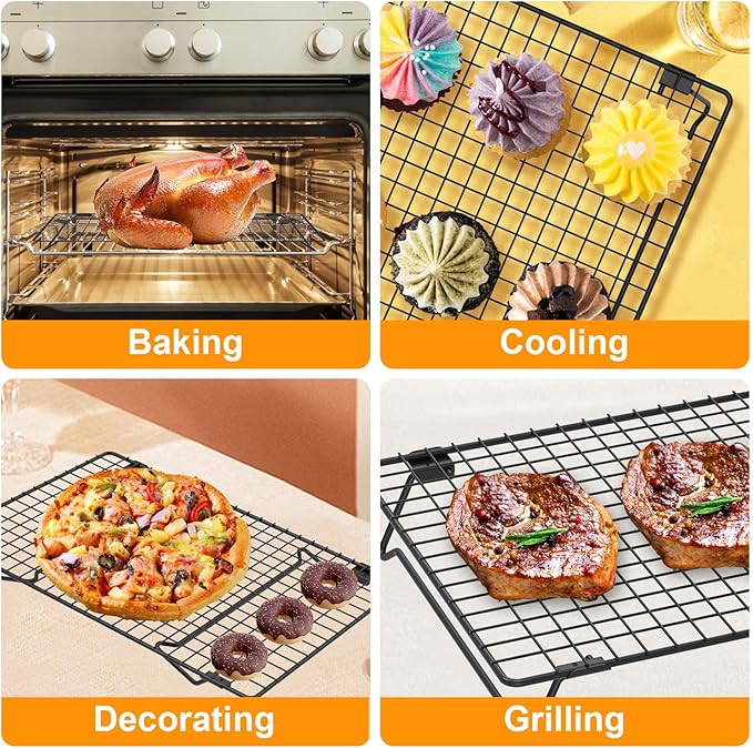 13.4" × 9.4" Stackable Cupcakes Cooling Racks – 2-Pack Nonstick Carbon Steel Baking Racks with Collapsible Legs, Cooking Rack Perfect for Cooking, Roasting, Grilling, Drying & Cooling Cookies