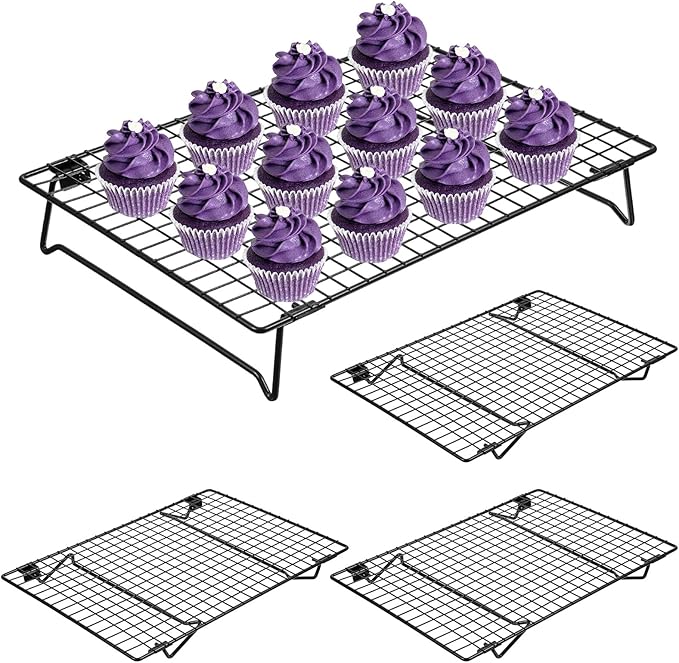 4 Pcs Cooling Racks, 13.4x9.45 Inch Cookie Cooling Racks For Baking, Stackable Carbon Steel Wire Rack with Folding Legs For Cooking, Roasting, Grilling