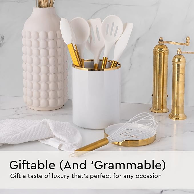 Gold Kitchen Utensils Set – 6 PC White Silicone and Gold Cooking Utensils with Spatula, Whisk, Tongs, Spoons, Cooking Tools for Nonstick Cookware – Luxury Kitchen Accessories for Home Chefs