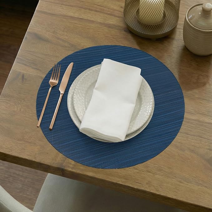 AHHFSMEI Round Placemats Set of 6 Woven Vinyl Non-Slip Heat Resistant Stain Resistant Easy Clean Place mats for Dining Table(Blue)