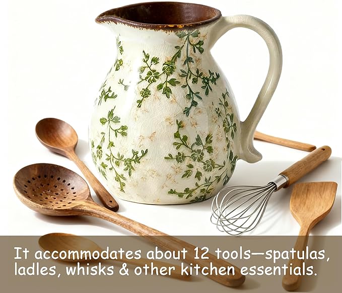 Ceramic Utensil Holder for Kitchen Counter, 6.1 Inch Vintage Farmhouse Rustic Cooking Utensil Holder, Modern Home Decor Countertop Organizer Crock for Flower Pot, Spoons & Kitchen Tools