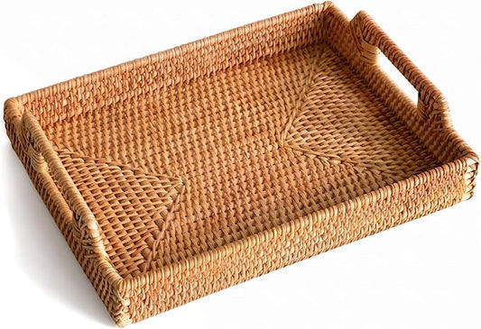 Rattan Serving Tray with Handles, Natural Woven Wicker Tray, Rattan Serving Rectangle Wicker Trays for Decor Coffee Table Breakfast (14.5" × 10")