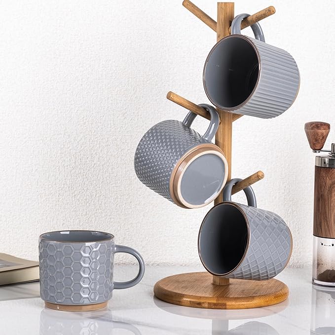 GBhome 8OZ Stackable Coffee Mugs Set of 4, Ceramic Coffee Mugs with Texture Patterns for Man,Woman,Dad,Mom, Modern Coffee Cups for Latte/Cappuccino/Cocoa. Dishwasher&Microwave Safe, Gray