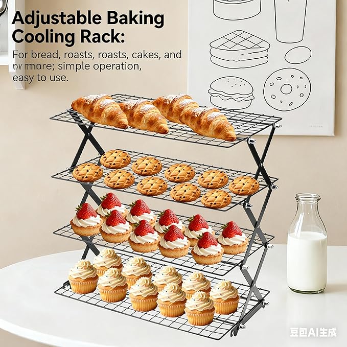 4-Tier Collapsible Cooling Rack with Adjustable 3 Setting, Wire Cooling Roasting Cooking Baking Drying Rack for Cookies Bread Turkey, Candy, Fruit, Snacks