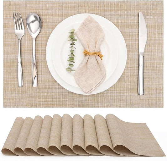 Myir JUN Placemats Set of 10, Vinyl Woven Placemats Place Mats Indoor Set of 10 Washable Table Mats Non-Slip Place mats for Dining Table (A-Beige)