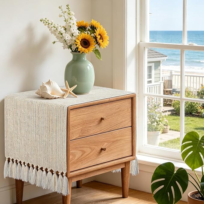 yuboo Boho Dresser Runner for Bedroom 36 Inch, Short Table Runner with Tassels, Small Farmhouse Dresser Top Cover for Nightstand, End Table, Coffee Table, Rustic Beige Bedroom Decor