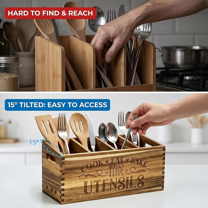 Large Acacia Wooden Utensil Holder for Kitchen Countertop | 4 Compartment Utensils Organizer Kitchen Counter Rustic Farmhouse Utensils Holder for Cooking Tools Storage Spatula Spoon