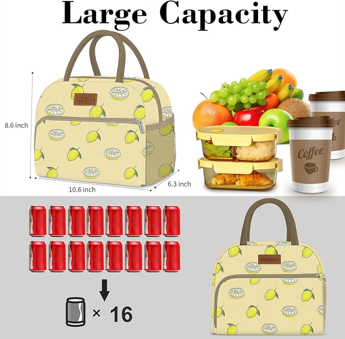 Coobiiya Lunch Bag for Women Men, Cute Lunch Tote Bags Insulated Reusable LunchBox Large Capacity Cooler Bag for Work Travel Picnic Green white