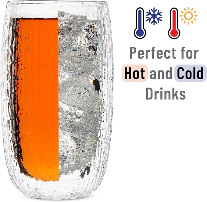 BTaT- Double Walled Glasses, 4 Pack, 12 oz (350 ml), Insulated Dotted Glass Cups, Double Wall Drinking Glasses for Iced Tea, Juices, Water, Cocktails, Hot and Cold Beverages