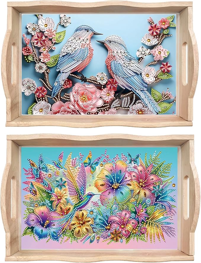 BAYUNOE 2Pcs DIY Diamond Serving Tray Rectangular Breakfast Tray with Handle Handmade Diamond Art Painting Wooden Tray Spring Creative Dinner Plate Coffee Room Living Home Organizer-04