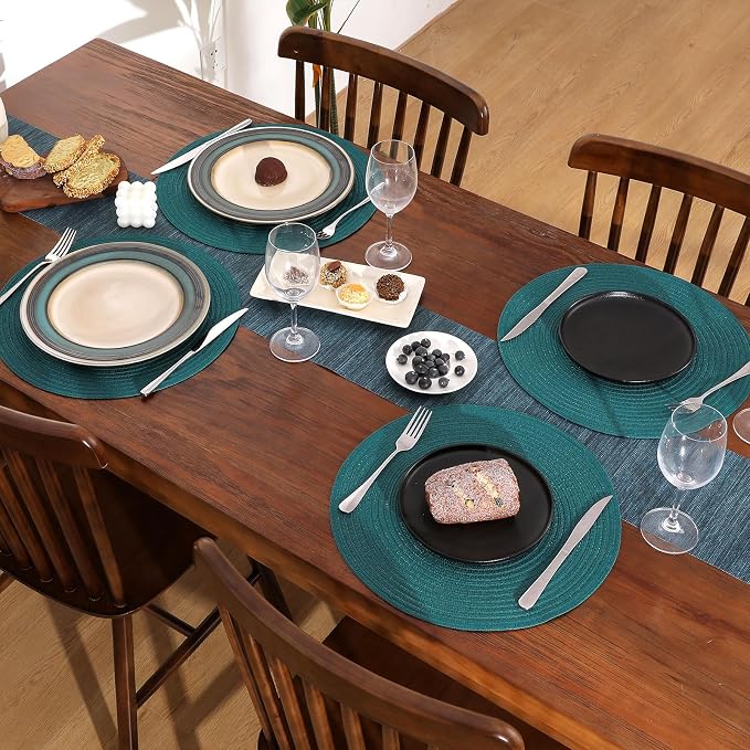 SHACOS Round Placemats Set of 8 Woven Braided Table Placemats 15 inch Circle Place Mats Washable Non Slip Table Mats for Home Wedding Party, Teal Green