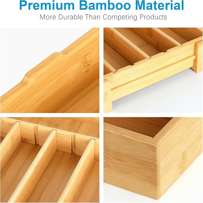 Bamboo Expandable Drawer Silverware Organizer (12.6-20.5") | 3 removable dividers,5 tracks for custom storage. Multi-use for utensils, stationery, tools. Durable bamboo, wipe clean