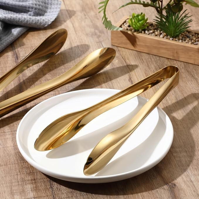 2 Pack Polished Stainless Steel Serving Tongs 9 Inch Metal Food Gold Tong for Buffet Salad BBQ Grilling Heavy Duty Kitchen Utensils for Cooking Catering Wedding Party