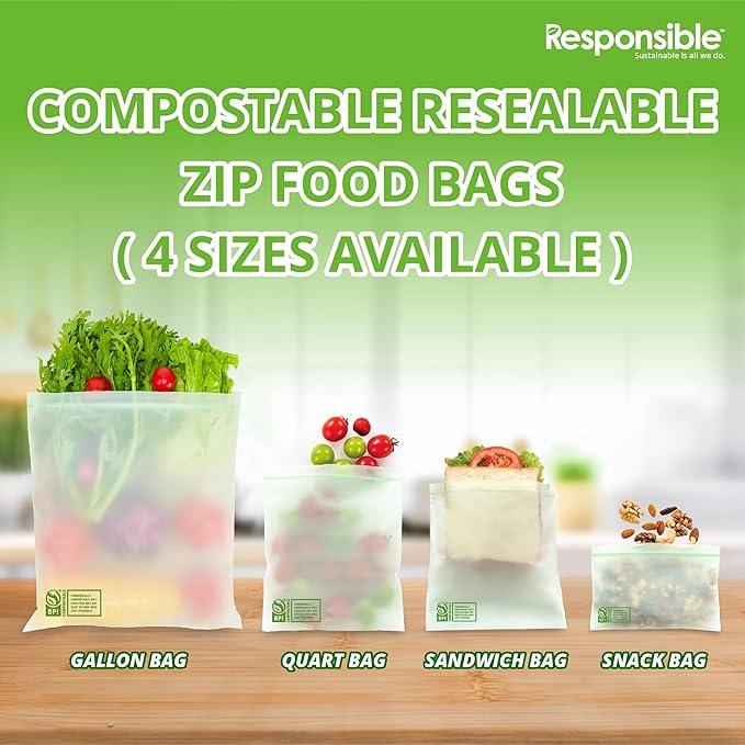 Responsible Products Certified Compostable SNACK Resealable Zip Bag, Extra Strength Food Bags, Plant-Based Freezer-Safe (40 Pack)