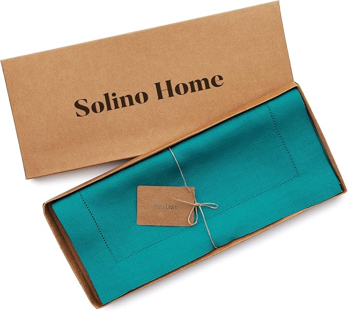 Solino Home Linen Hemstitch Table Runner 90 Inches Long - 100% Pure Linen Teal Table Runner 14 x 90 Inch - Classic Hemstitch