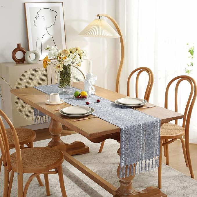 Rustic Boho Table Runner, Farmhouse Table Runners 90 Inches Long for Kitchen Dining Room, 13x90 Inches, Blue Lines