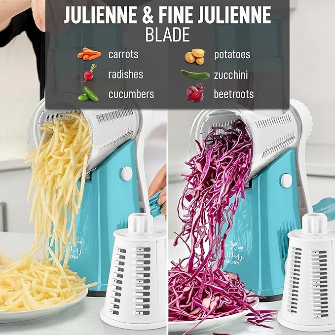 Zulay Kitchen Rotary Cheese Grater 5 Blade Cheese Shredder - Manual Hand Crank Cheese Grater With Reinforced Suction & 5 Interchangeable Drums - Easy to Use, Vegetable Chopper Round Mandoline Slicer