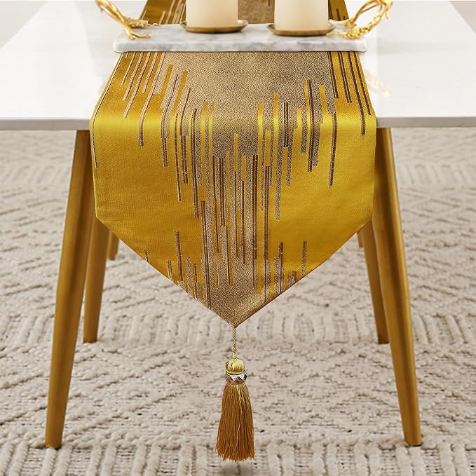 Gold Table Runner 72 Inches Long Luxury Abstract Geometry Thick Fabric Handmade Embroidery Pattern for Home Living Room Bedroom Dinner Room Art Decor Party