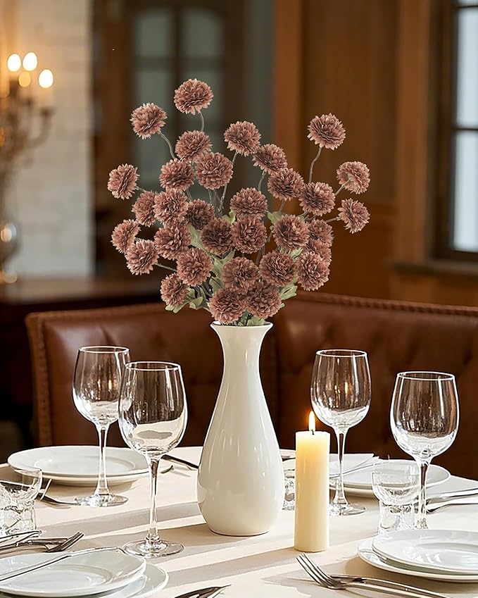 DuHouse 6pcs Artificial Flowers Faux Silk Pompon Mum,Silk Small Mini Chrysanthemum Ball with Stems for DIY Bouquets Centerpieces Vase Home Table Kitchen Decorations(Mocha Brown)