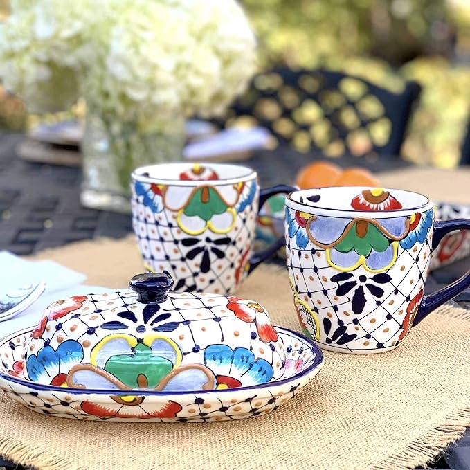 Global Crafts Mexican Pottery Mugs - Handmade Ceramic Mug - Hand-Painted Dots & Flowers Design