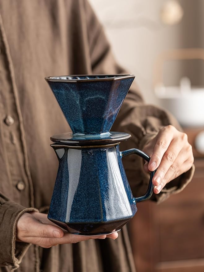 Pour Over Coffee Maker,Ceramic Coffee Maker With 40 pcs Paper Filter，20oz/600ml Pour Over Coffee Dripper (Starry Blue)